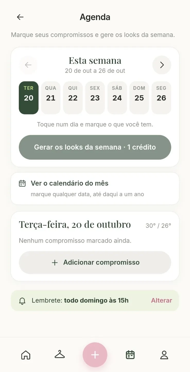 Tela da Agenda do tule.: semana de terça a segunda, botão para gerar os looks da semana e lembrete todo domingo às 15h